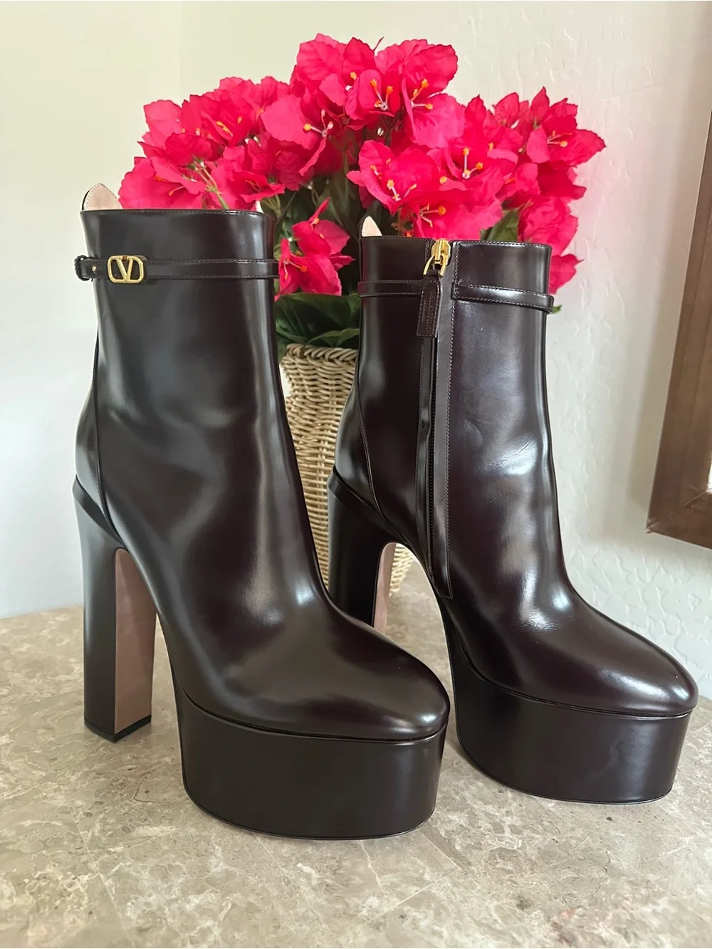 Valentino Dark Brown Leather Platform Ankle Boots with Gold V Logo